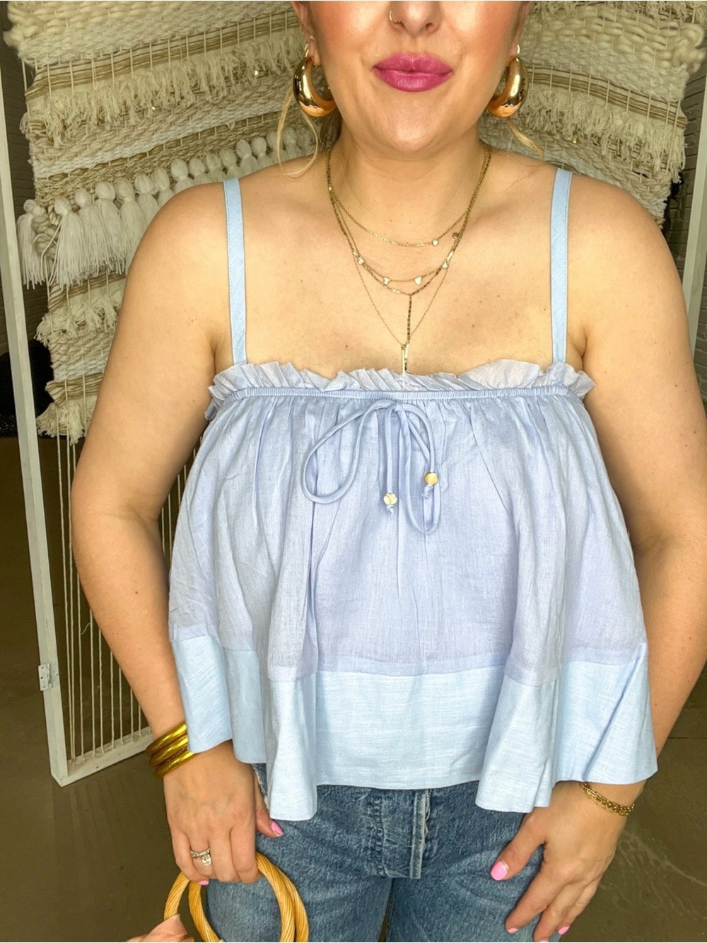 NWT Mustard Seed Light Blue Ruffled Tie-Front Spaghetti Strap Top